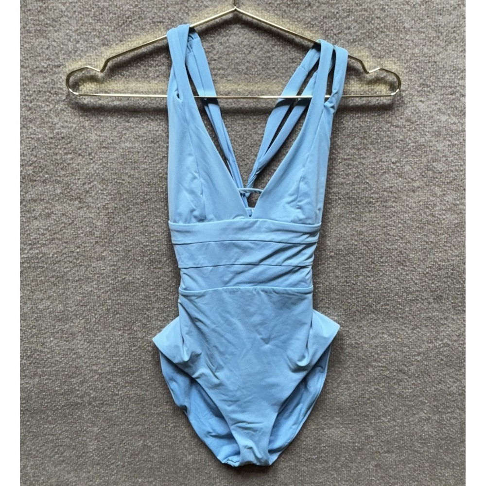 BECCA One‎ Piece Swimsuit Tie Back V-Neck Blue Open Back Resort Beach Pool Swim
